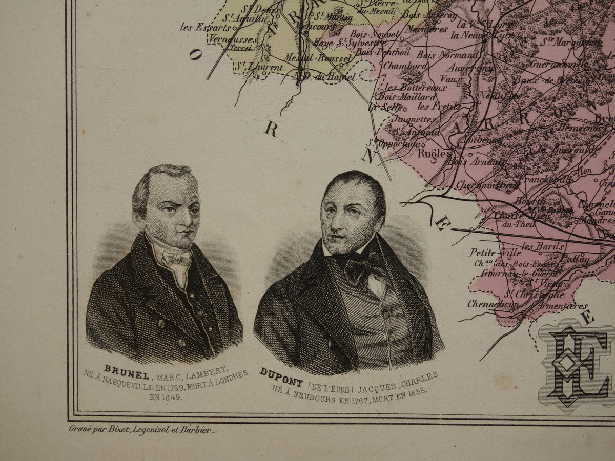 EURE Kaart van Eure departement in Frankrijk uit 1883 originele antieke oude handgekleurde landkaart Evreux