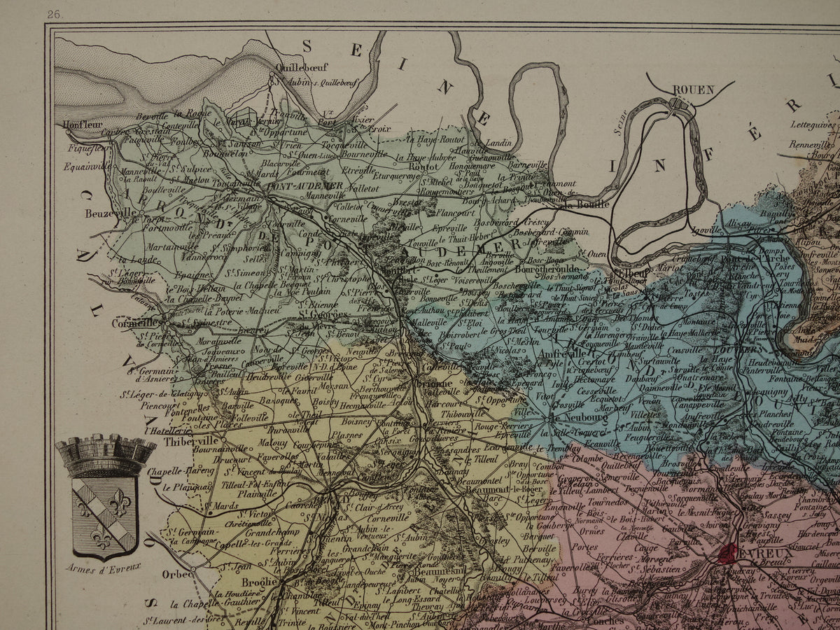 EURE Kaart van Eure departement in Frankrijk uit 1883 originele antieke oude handgekleurde landkaart Evreux