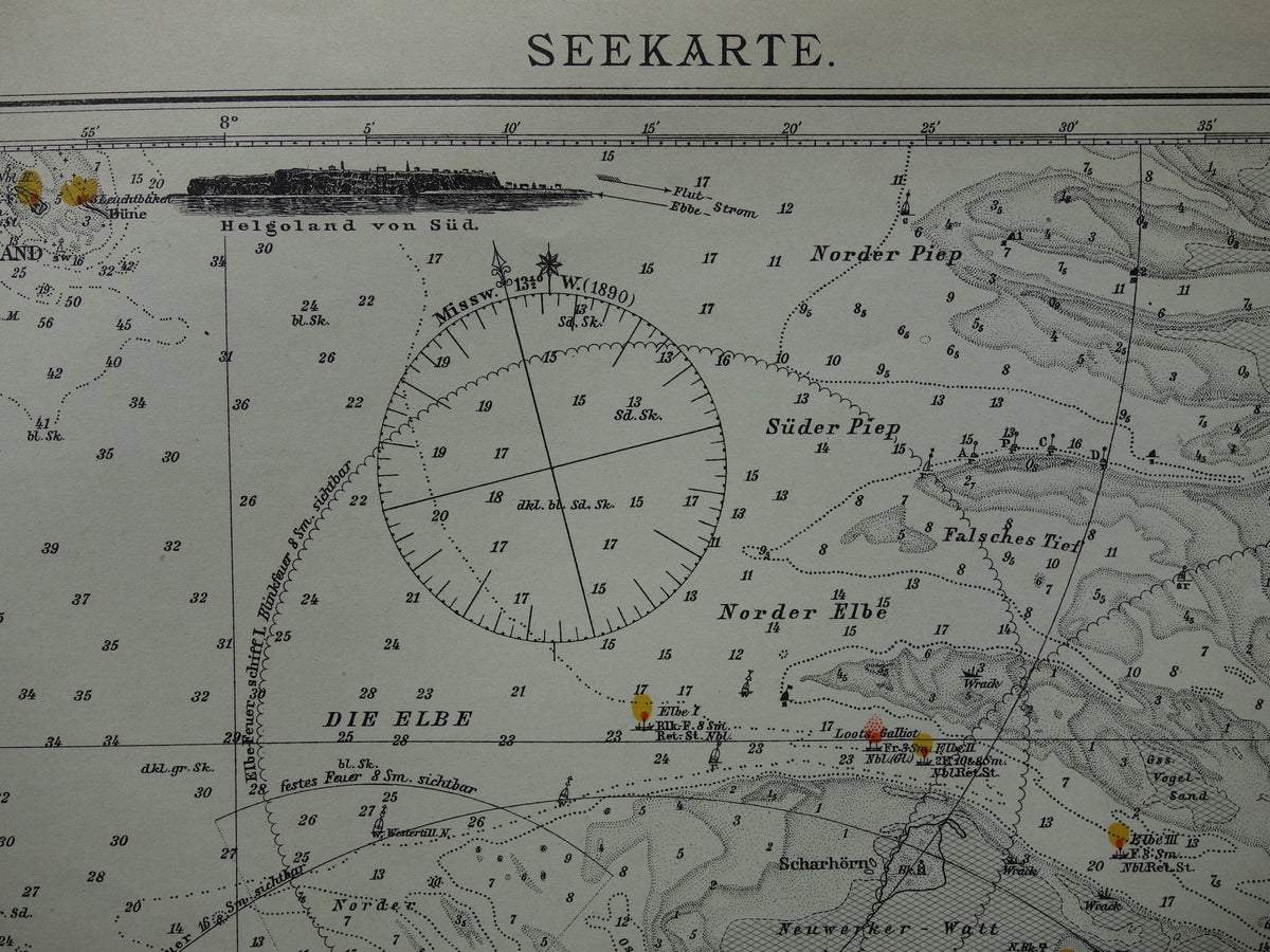 Old map of the mouth of the Jade Weser Elbe river 1908 original German antique print of the delta North Sea vintage maps Bremerhaven nautical chart depth