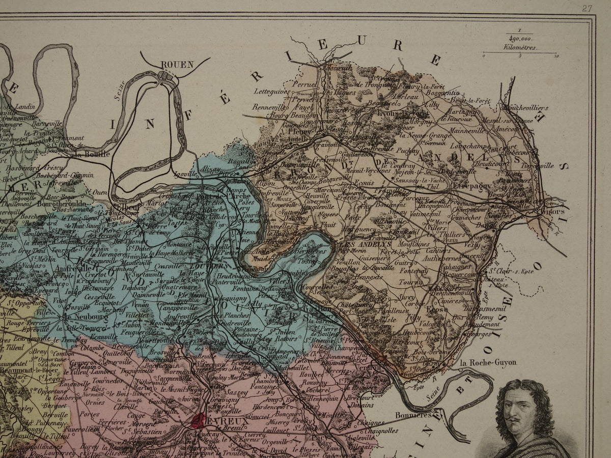 EURE Kaart van Eure departement in Frankrijk uit 1883 originele antieke oude handgekleurde landkaart Evreux