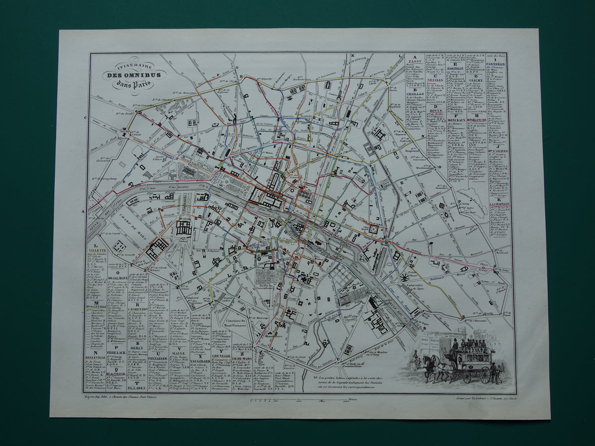 Old map of Paris with horse-drawn tram / omnibus routes - rare antique map of Paris from 1856 original vintage map