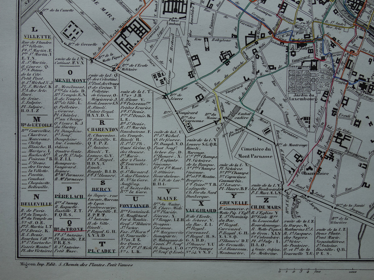 Old map of Paris with horse-drawn tram / omnibus routes - rare antique map of Paris from 1856 original vintage map