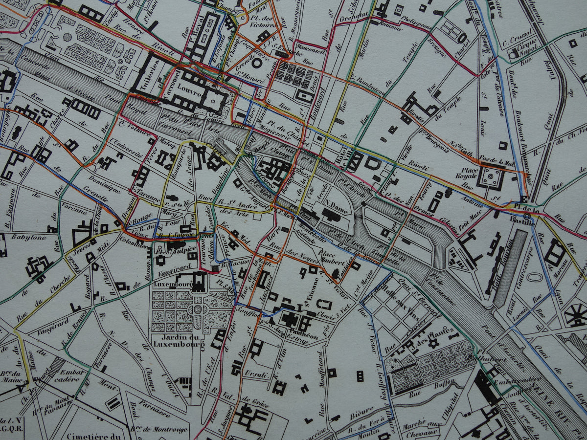Old map of Paris with horse-drawn tram / omnibus routes - rare antique map of Paris from 1856 original vintage map