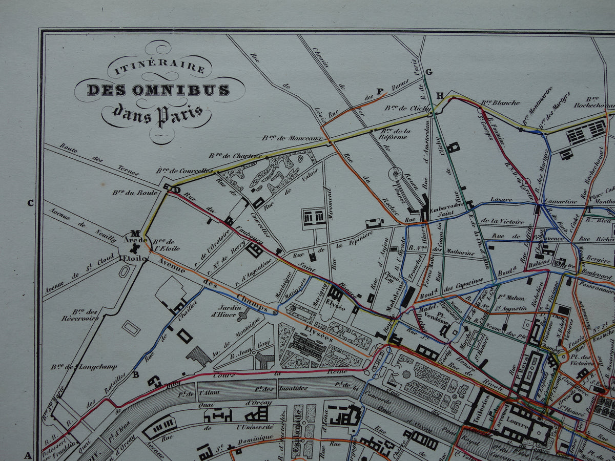Old map of Paris with horse-drawn tram / omnibus routes - rare antique map of Paris from 1856 original vintage map