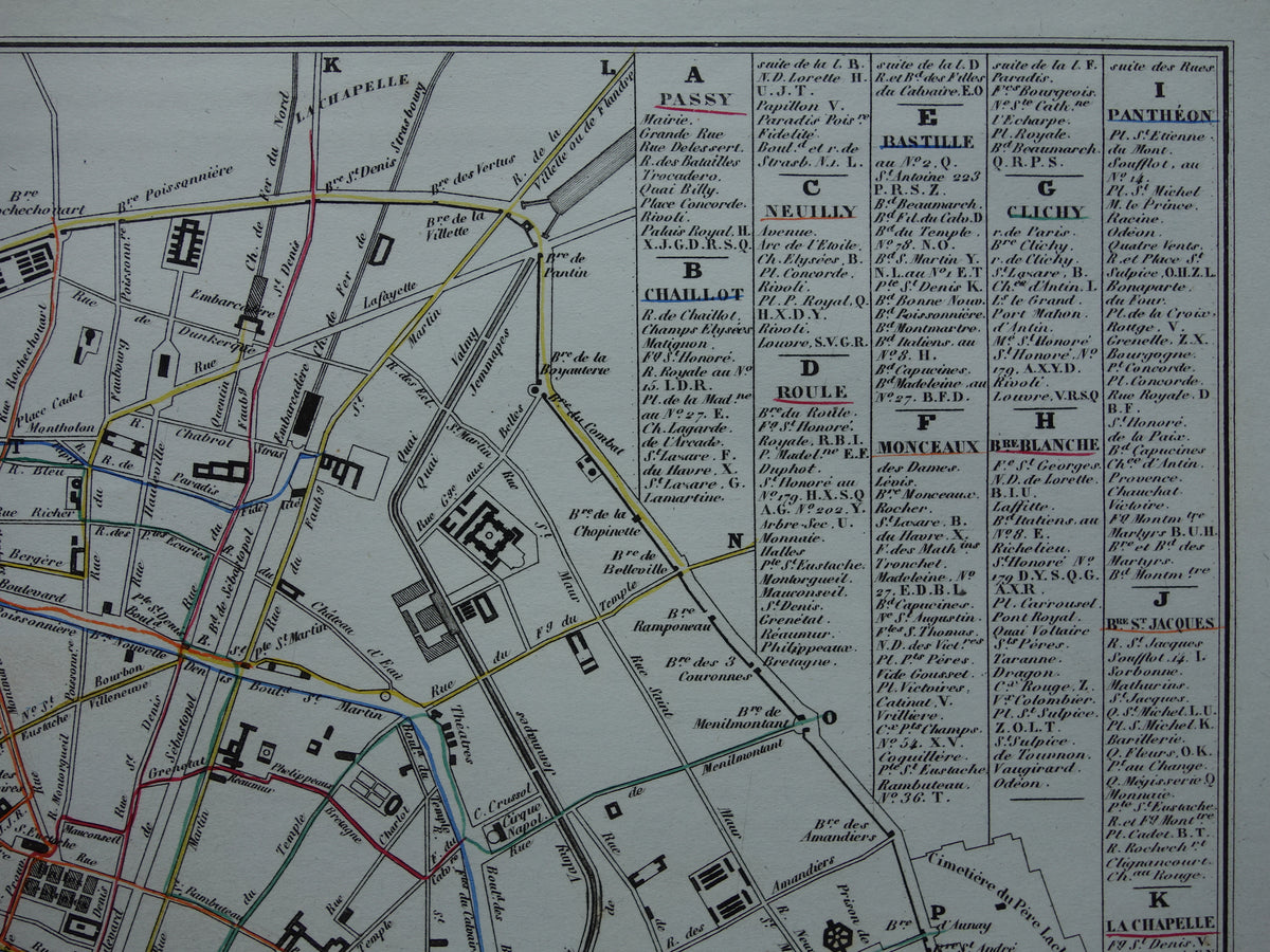 Old map of Paris with horse-drawn tram / omnibus routes - rare antique map of Paris from 1856 original vintage map