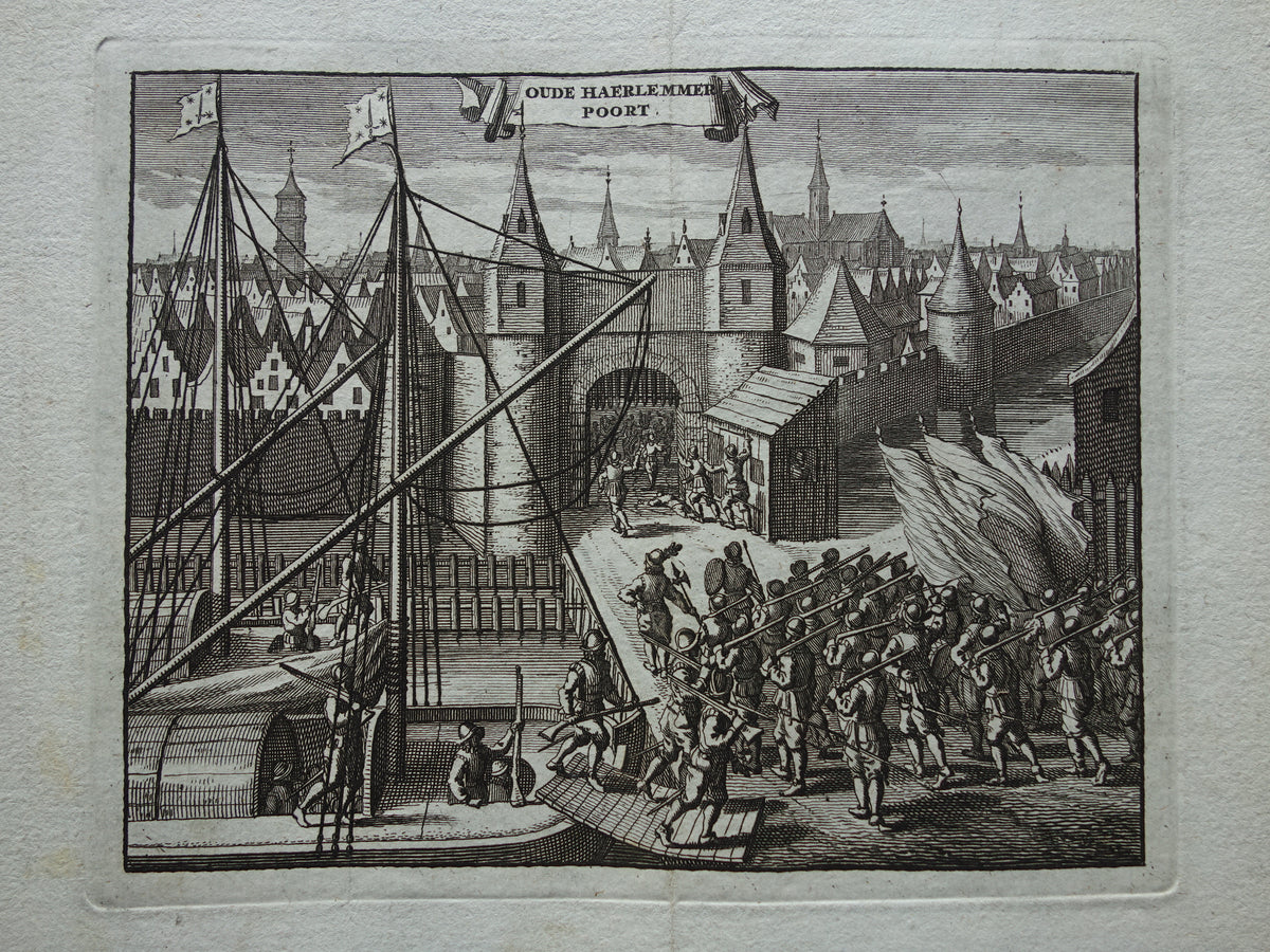 Haarlemmerpoort te Amsterdam Oude prent 1770 Originele antieke gravure Oude Haerlemmer Poort Aanslag Amsterdam 1577