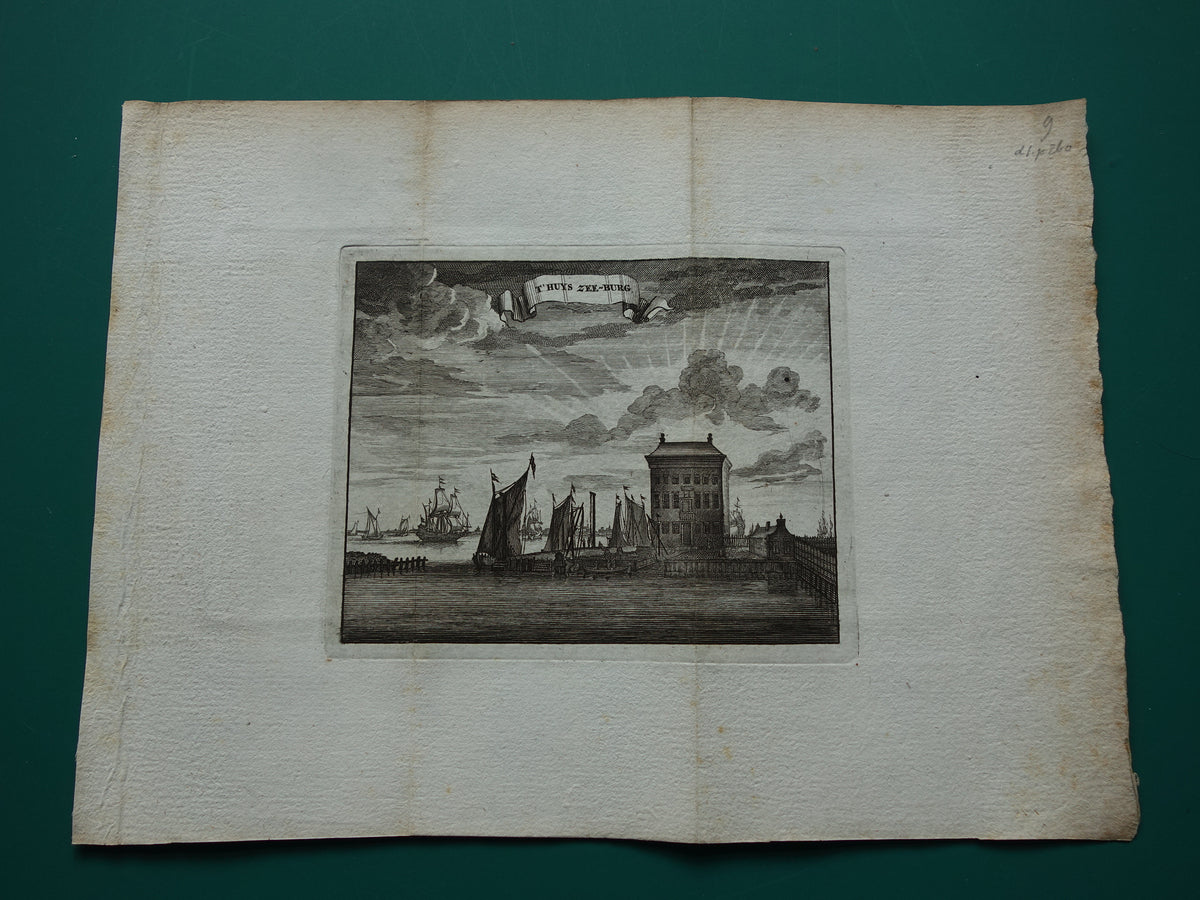 Zeeburg Amsterdam Oude prent 1770 Originele antieke gravure Het huis Zeeburg 't Huys Zee-burg.