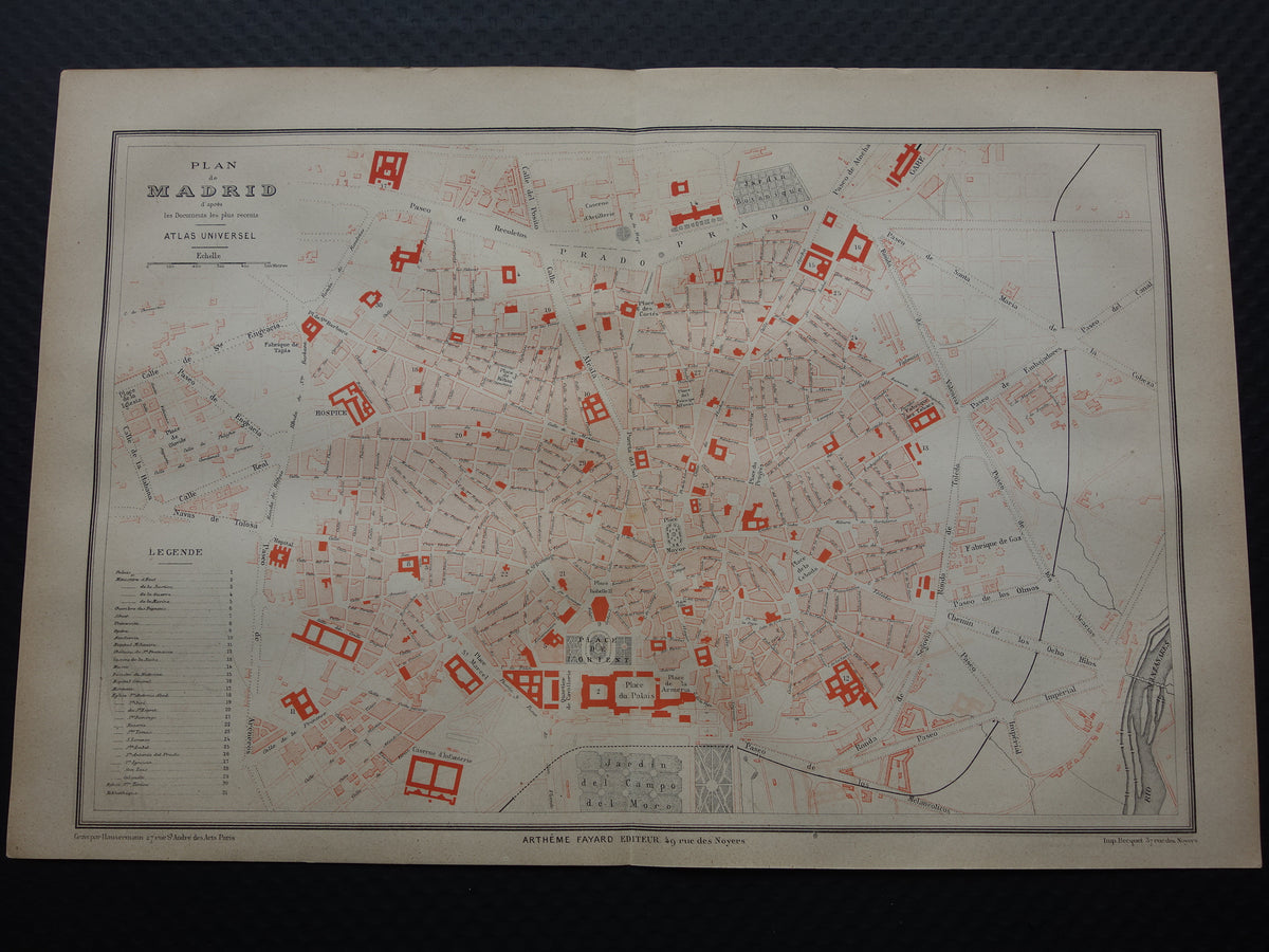 MADRID Grote oude kaart van Madrid Spanje uit 1877 originele antieke Franse plattegrond historische kaarten