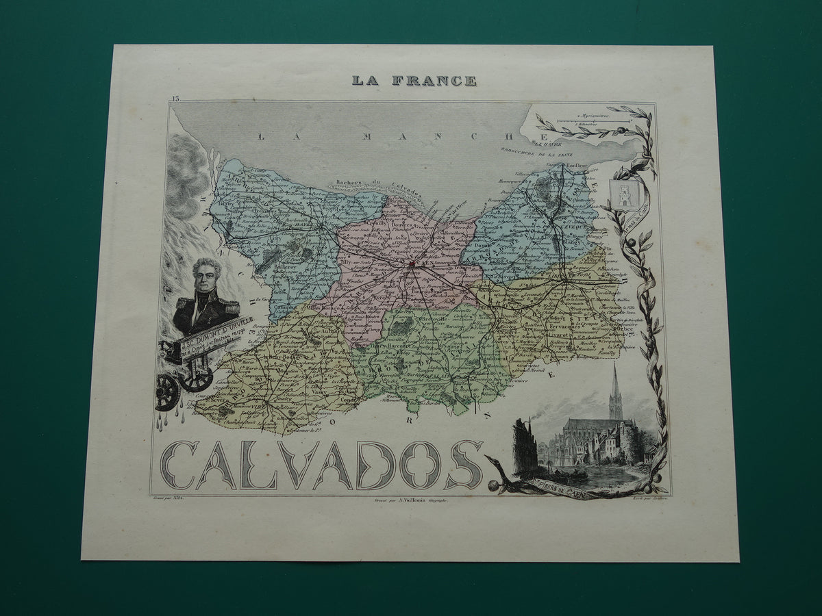 CALVADOS Oude Kaart van departement in Frankrijk uit 1870 originele antieke handgekleurde landkaart Caen Calvados