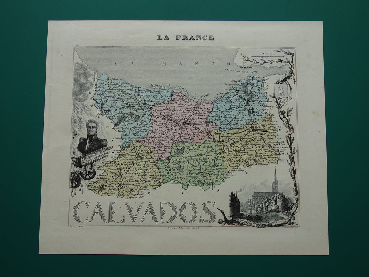 CALVADOS Oude Kaart van departement in Frankrijk uit 1870 originele antieke handgekleurde landkaart Caen Calvados