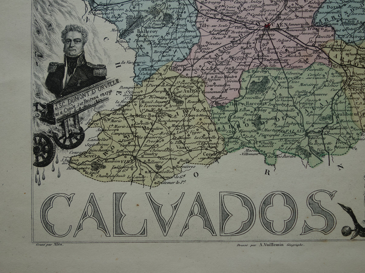 CALVADOS Oude Kaart van departement in Frankrijk uit 1870 originele antieke handgekleurde landkaart Caen Calvados