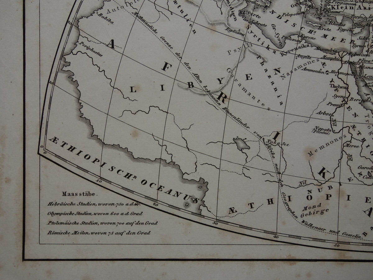 Antique Historical WORLD MAPS 1849 old print with map of Strabo Ptolemy Herodotus of the world in classical antiquity