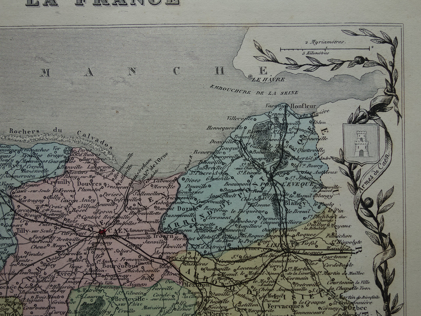 CALVADOS Old Map of a department in France from 1870 original antique hand-colored map Caen Calvados
