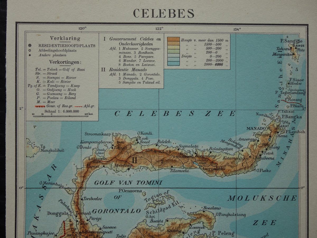 CELEBES Old map of Celebes Indonesia from 1933 small original vintage Dutch map