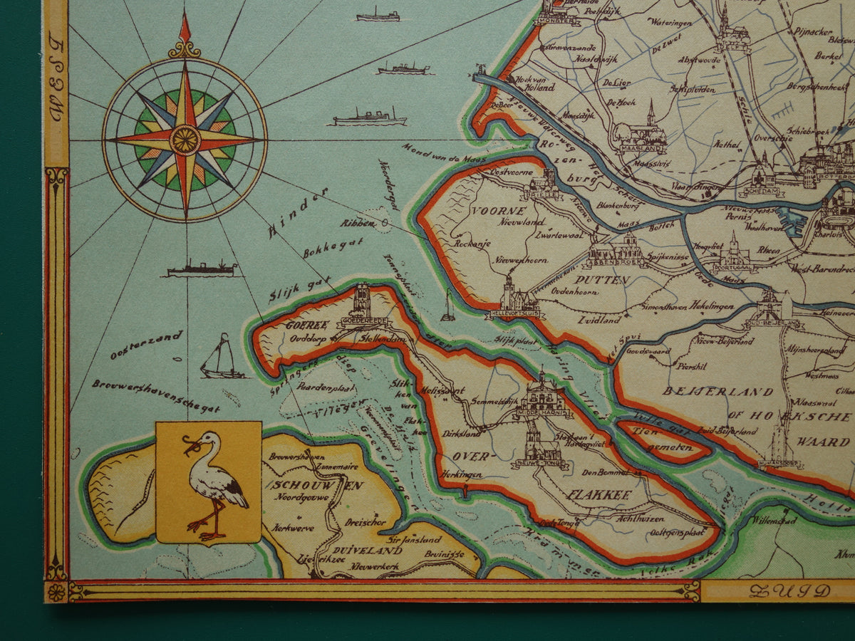ZUID-HOLLAND Vintage kaart van de provincie Zuid-Holland uit 1947 Oude historische landkaart