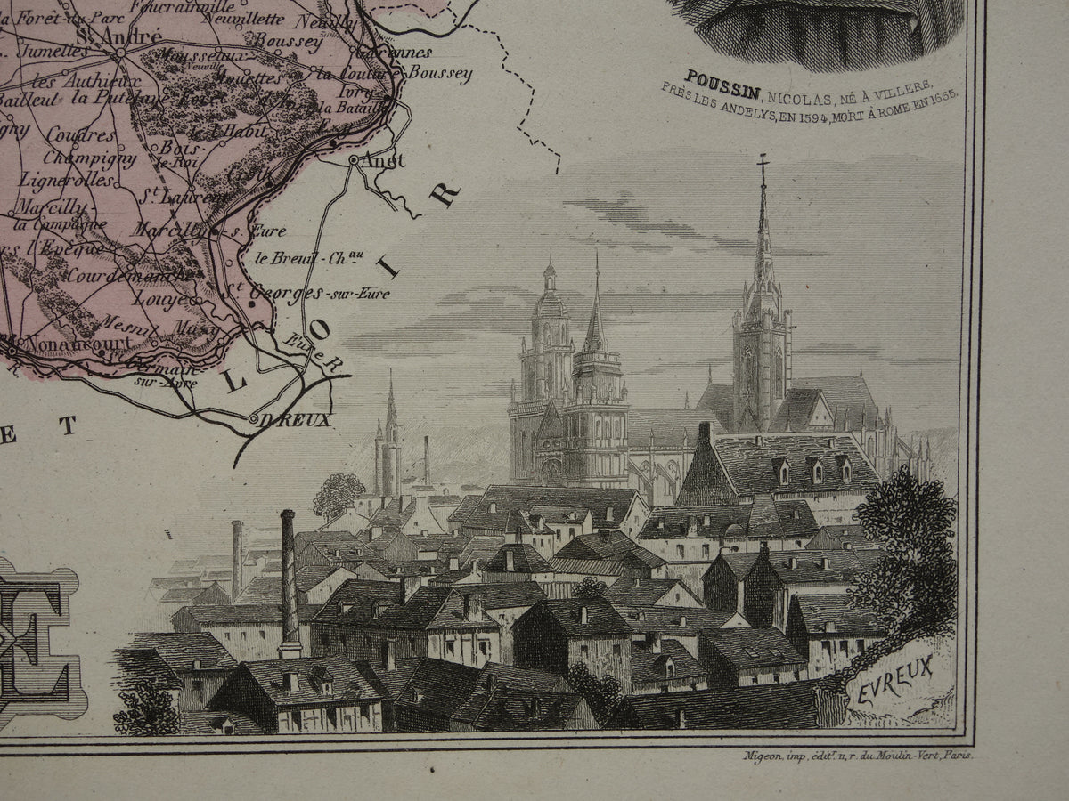 EURE Oude kaart van Eure departement in Frankrijk uit 1882 originele antieke handgekleurde landkaart Evreux