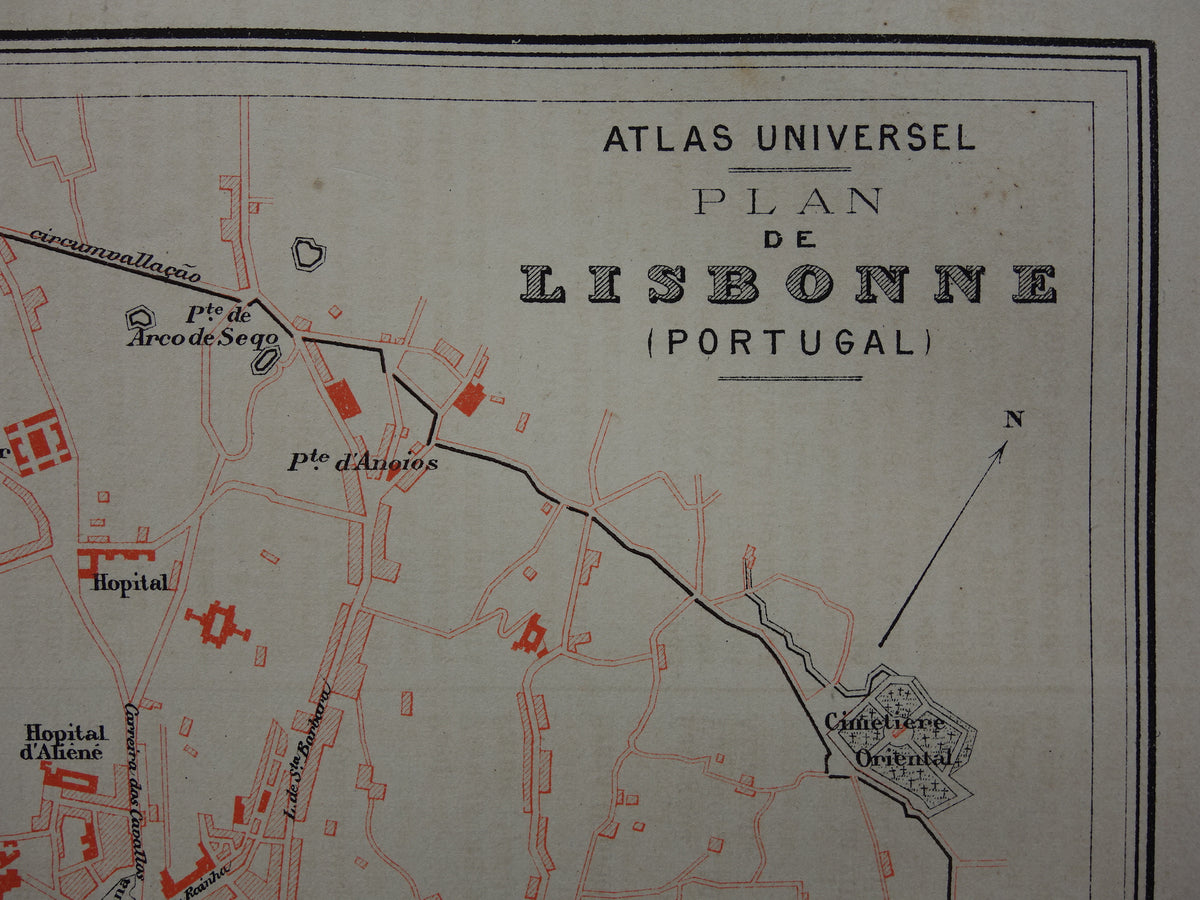 LISSABON antieke plattegrond uit 1877 Originele Franse oude kaart