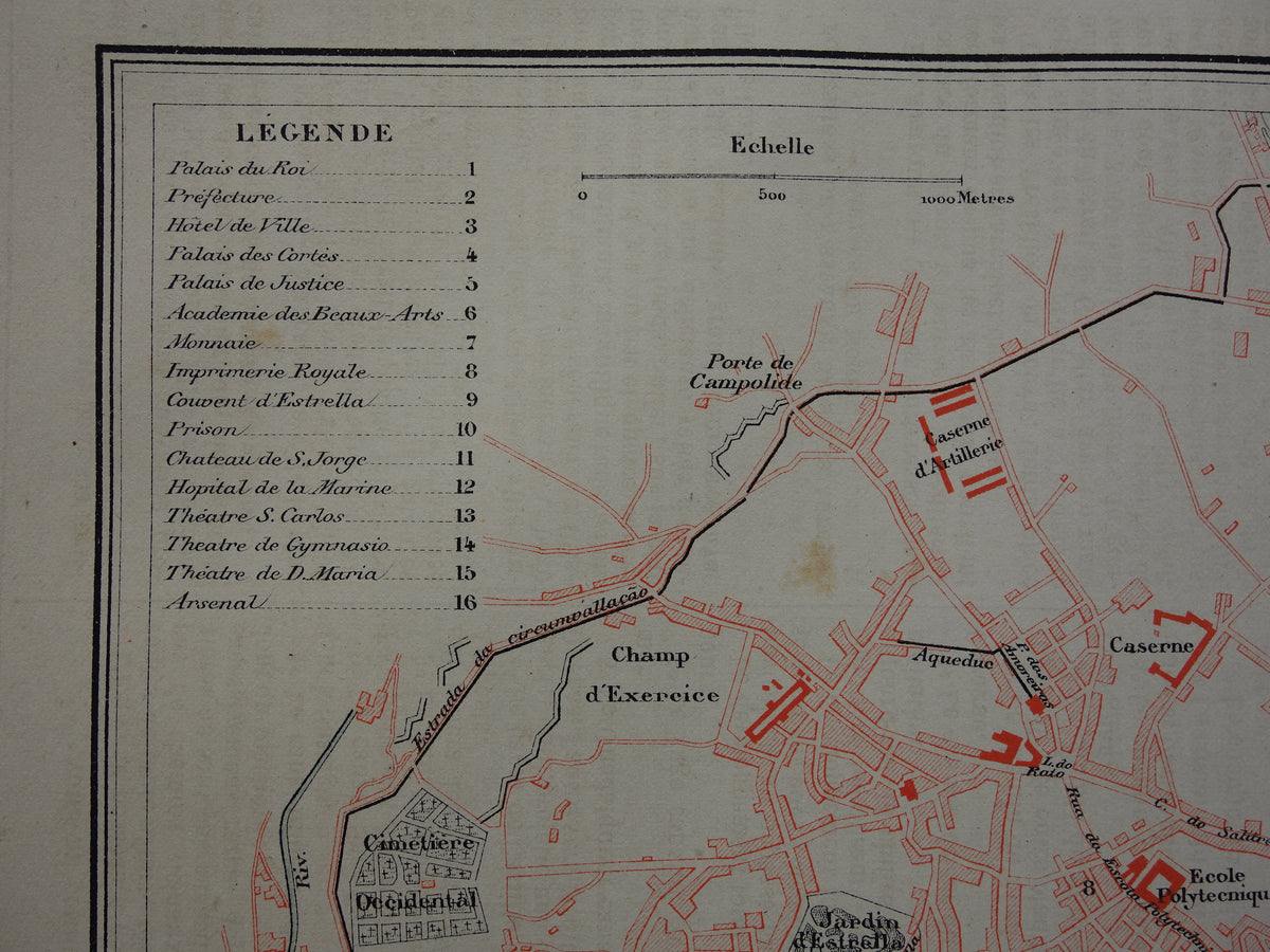 LISSABON antieke plattegrond uit 1877 Originele Franse oude kaart