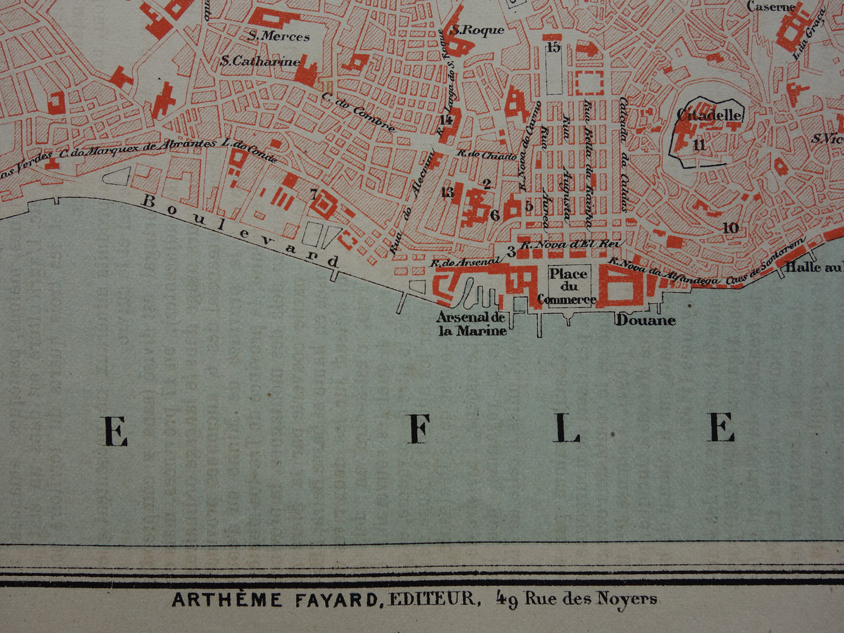 LISSABON antieke plattegrond uit 1877 Originele Franse oude kaart
