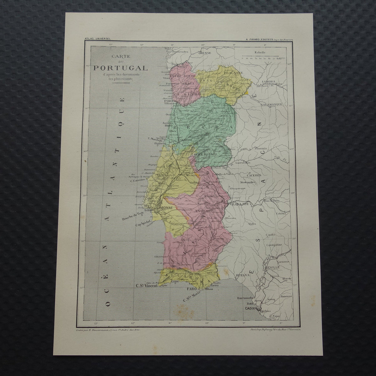 PORTUGAL oude kaart van Portugal 1877 originele antieke Franse landkaart