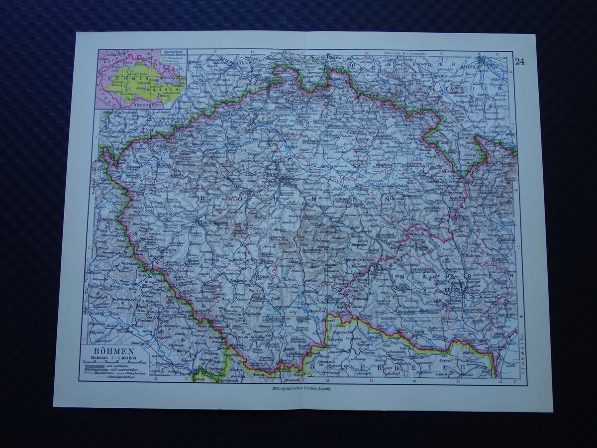TSJECHIË oude landkaart van Tsjechië originele vintage van Bohemen en Moravië in 1928