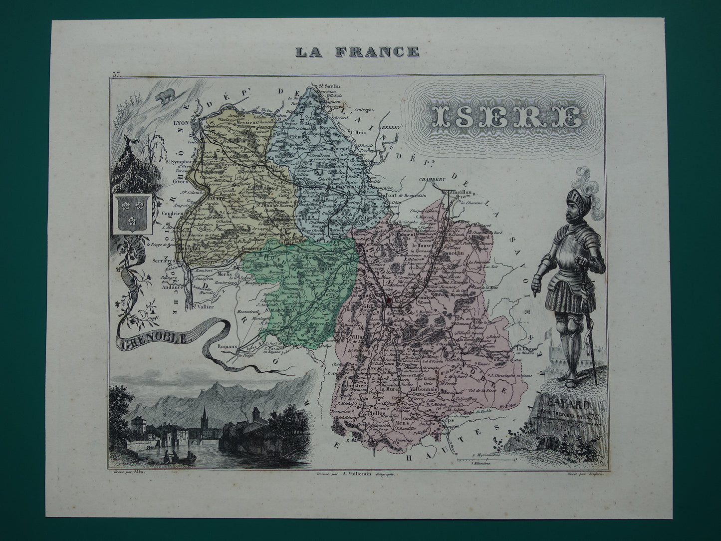 Isère France Old map from 1870 original antique hand-colored map Isère department Grenoble