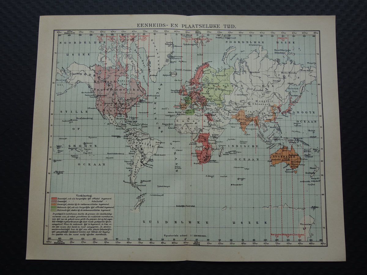 WERELDKAART oude kaart van de wereld met tijdzones 1907 originele antieke Nederlandse landkaart historische kaarten wintertijd zomertijd