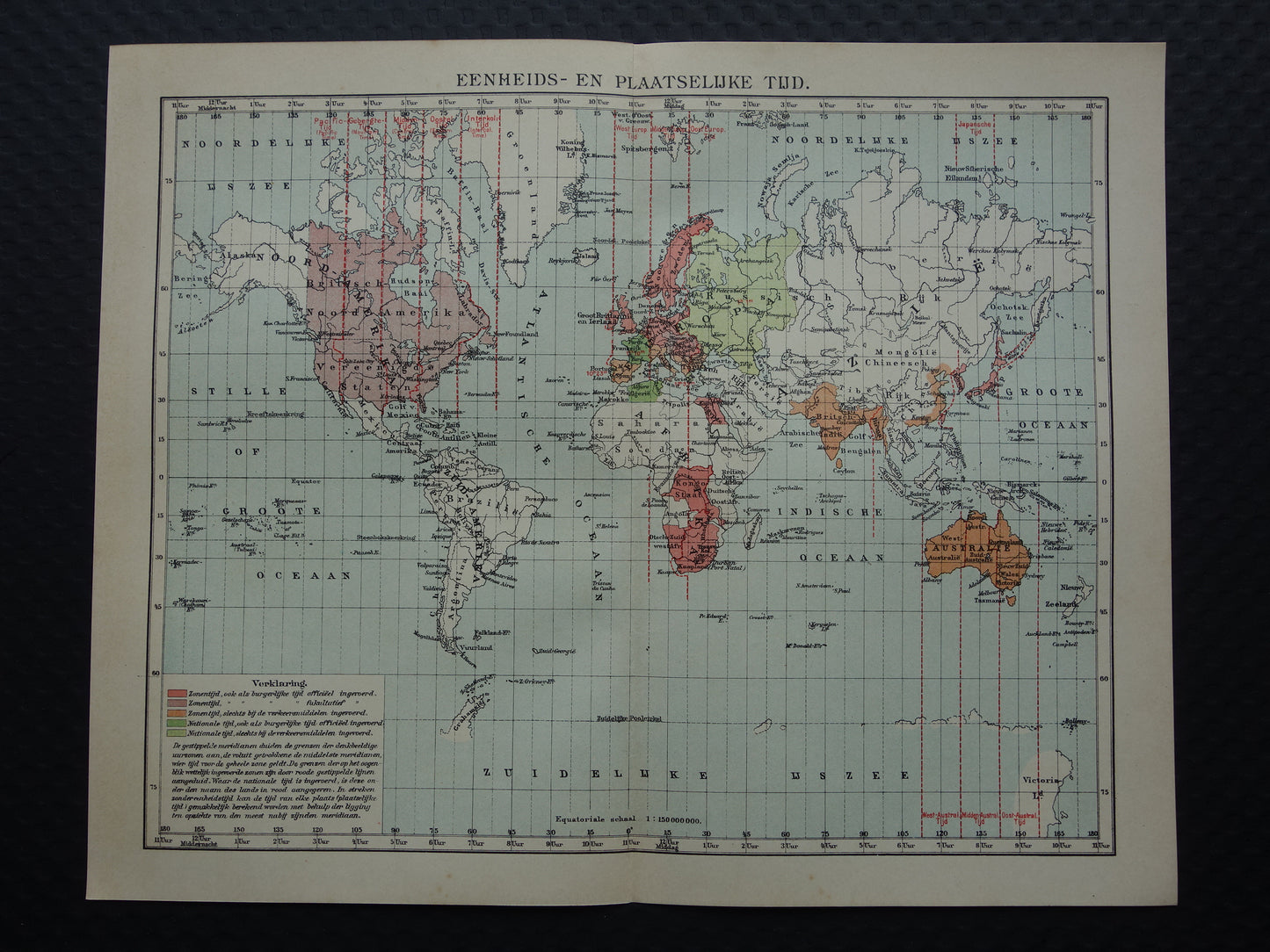 WERELDKAART oude kaart van de wereld met tijdzones 1907 originele antieke Nederlandse landkaart historische kaarten wintertijd zomertijd