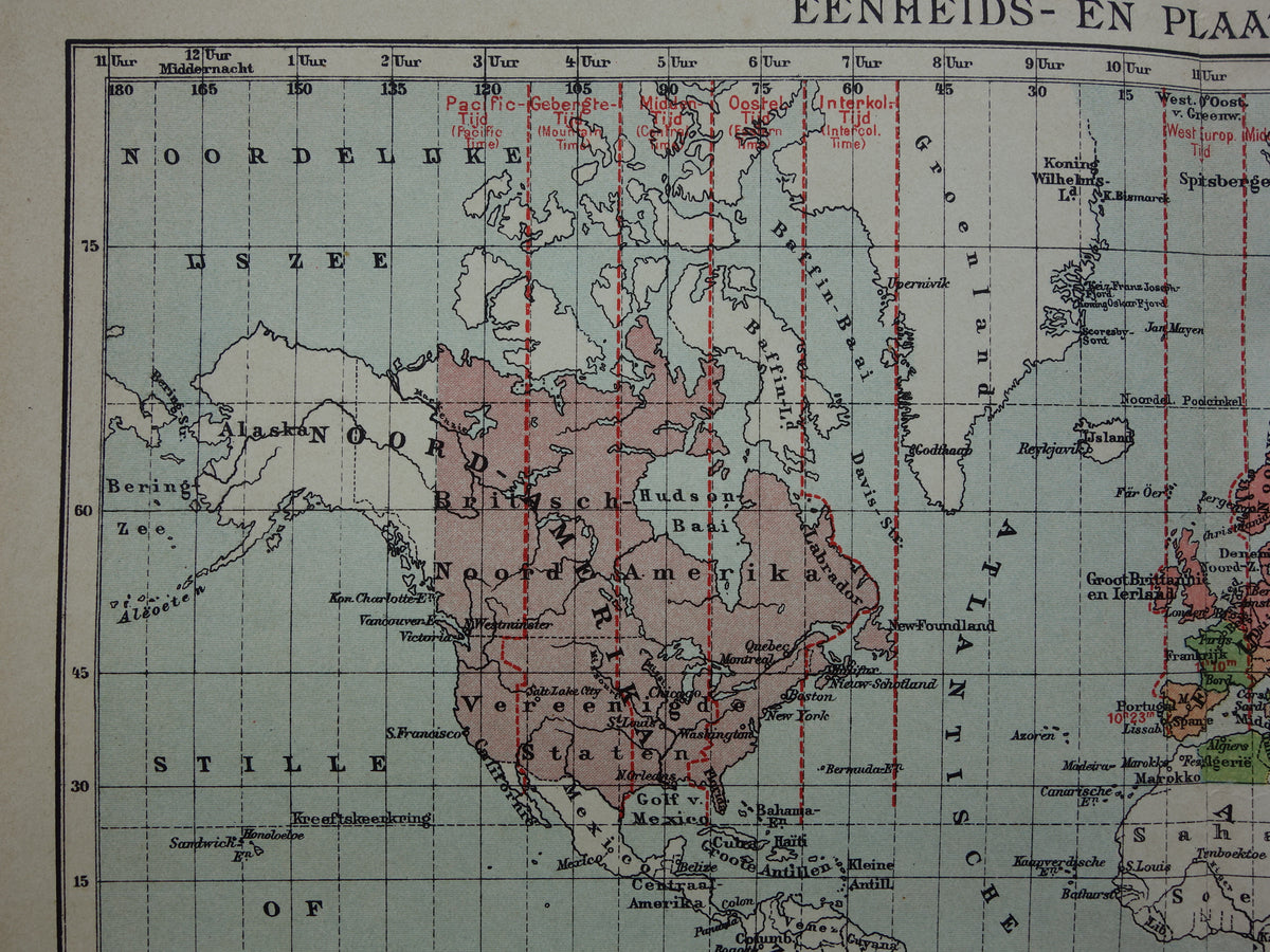WERELDKAART oude kaart van de wereld met tijdzones 1907 originele antieke Nederlandse landkaart historische kaarten wintertijd zomertijd