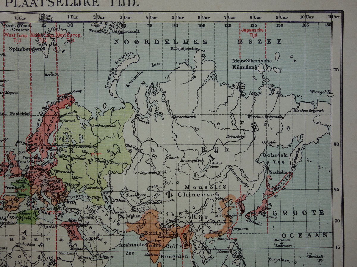 WERELDKAART oude kaart van de wereld met tijdzones 1907 originele antieke Nederlandse landkaart historische kaarten wintertijd zomertijd