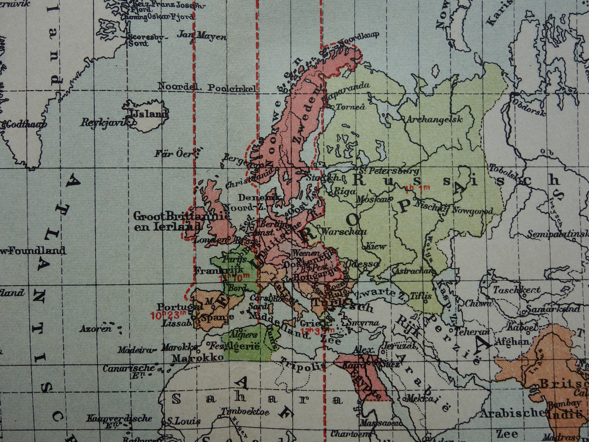 WERELDKAART oude kaart van de wereld met tijdzones 1907 originele antieke Nederlandse landkaart historische kaarten wintertijd zomertijd
