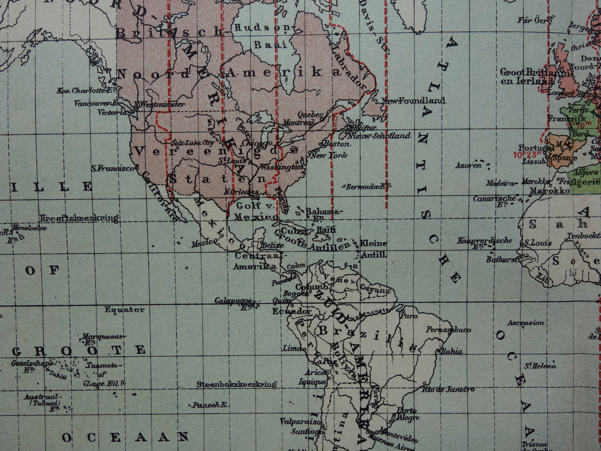WERELDKAART oude kaart van de wereld met tijdzones 1907 originele antieke Nederlandse landkaart historische kaarten wintertijd zomertijd