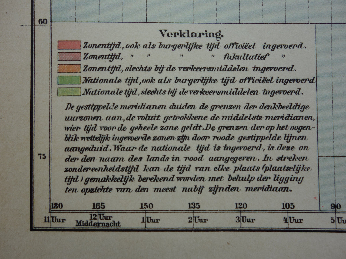 WERELDKAART oude kaart van de wereld met tijdzones 1907 originele antieke Nederlandse landkaart historische kaarten wintertijd zomertijd