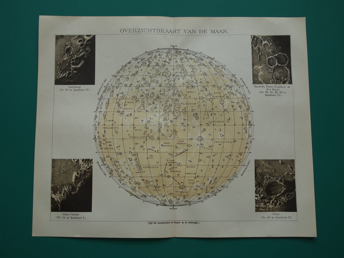 Old map of the Moon original antique print visible side of the moon - Dutch lunar map from 1919