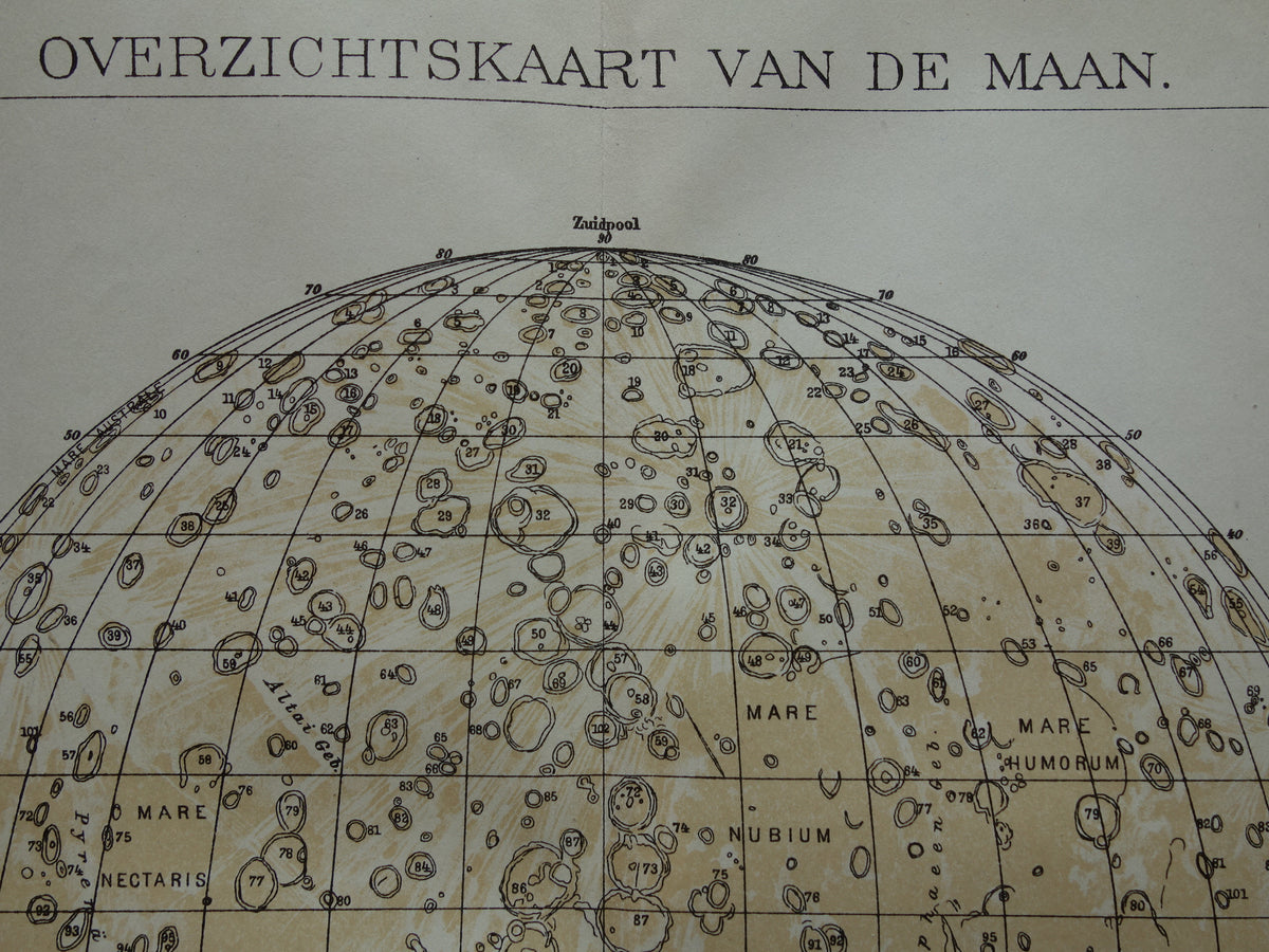 Old map of the Moon original antique print visible side of the moon - Dutch lunar map from 1919