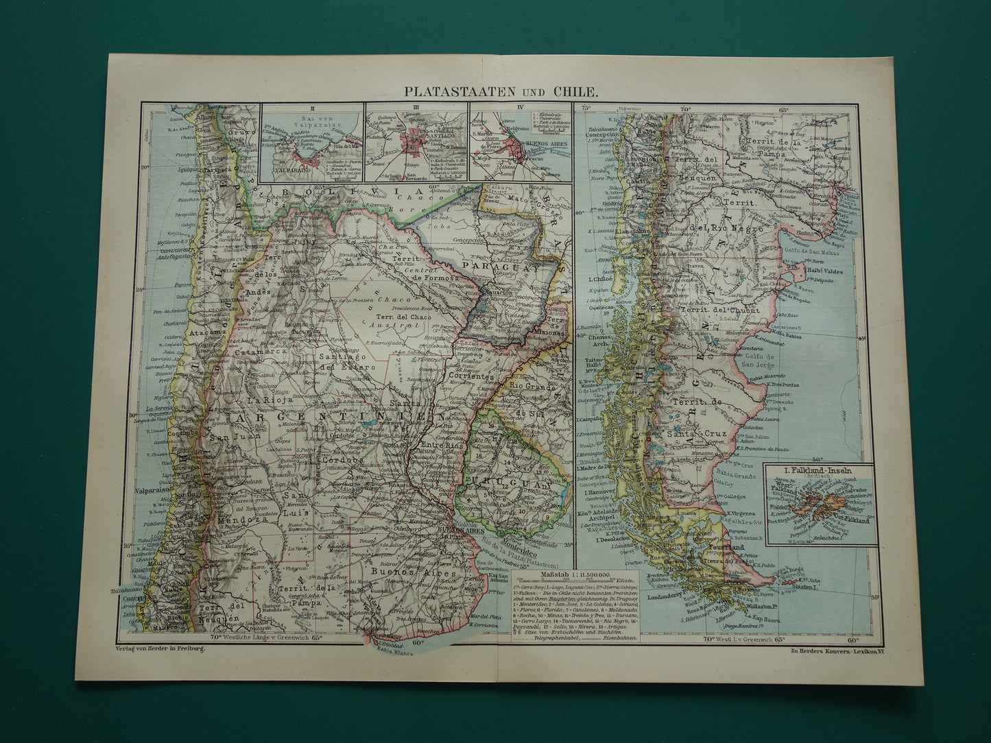 Argentina and Chile old map from 1921 original antique German map