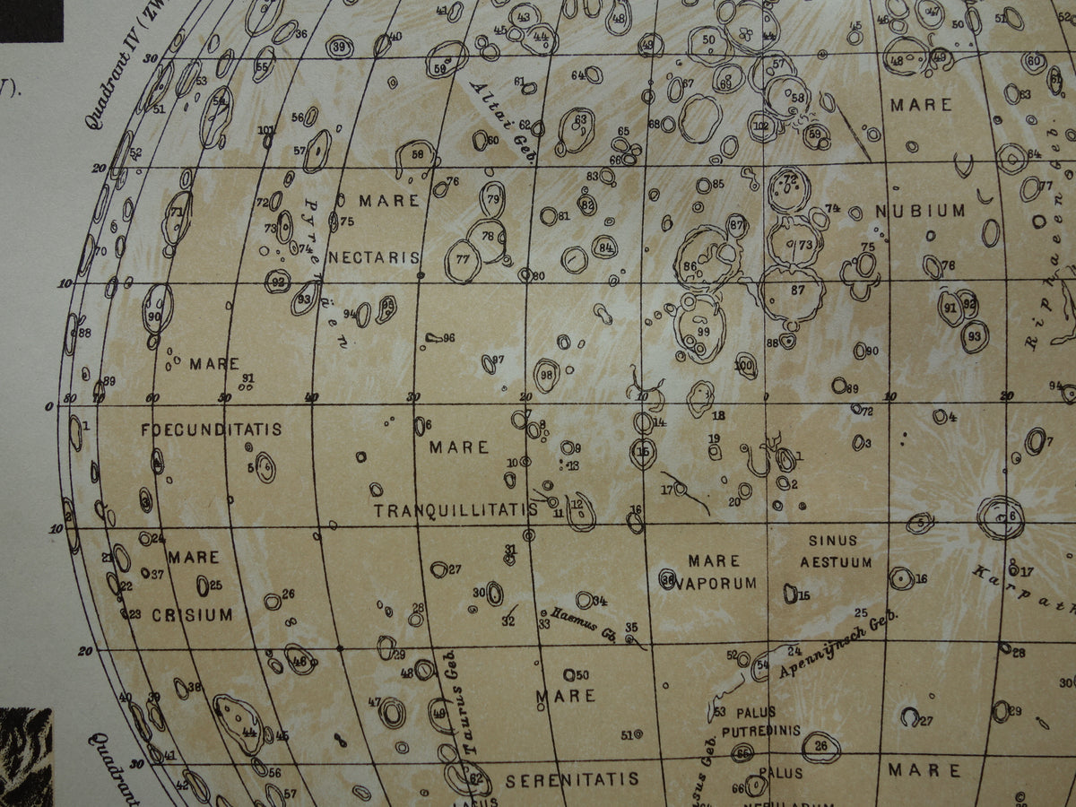 Old map of the Moon original antique print visible side of the moon - Dutch lunar map from 1919