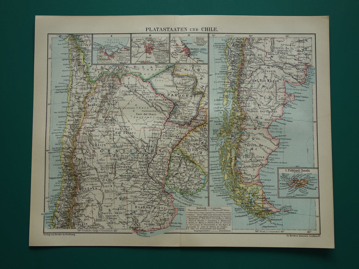 Argentinië en Chili oude kaart uit 1921 originele antieke Duitse landkaart