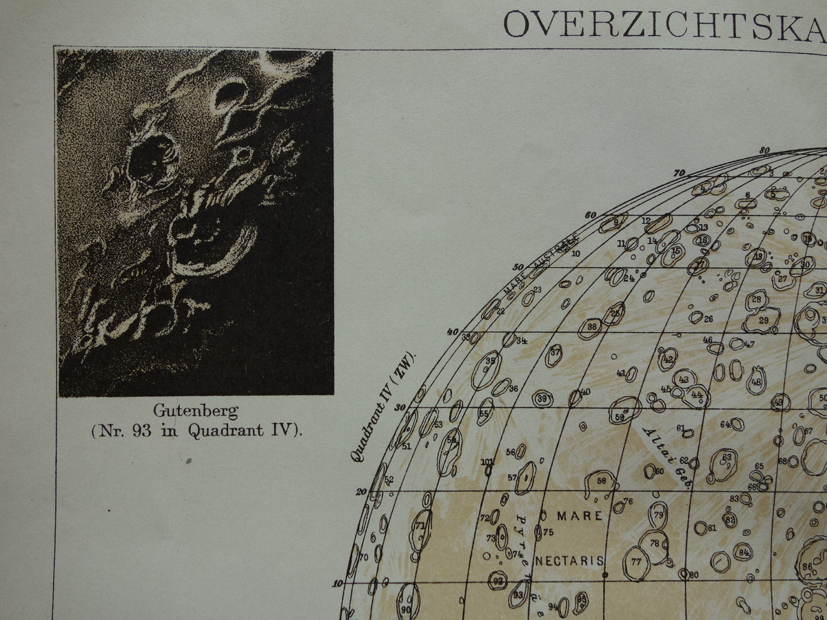 Old map of the Moon original antique print visible side of the moon - Dutch lunar map from 1919