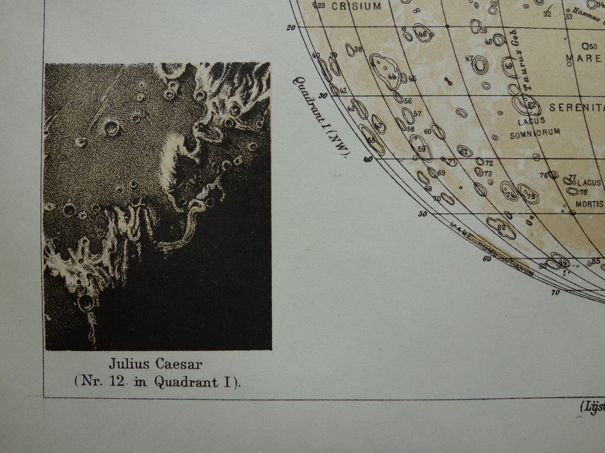 Old map of the Moon original antique print visible side of the moon - Dutch lunar map from 1919