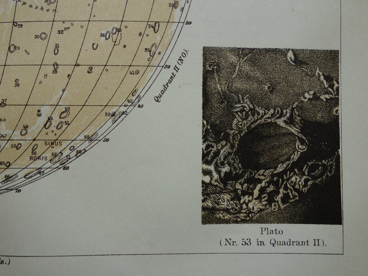Old map of the Moon original antique print visible side of the moon - Dutch lunar map from 1919