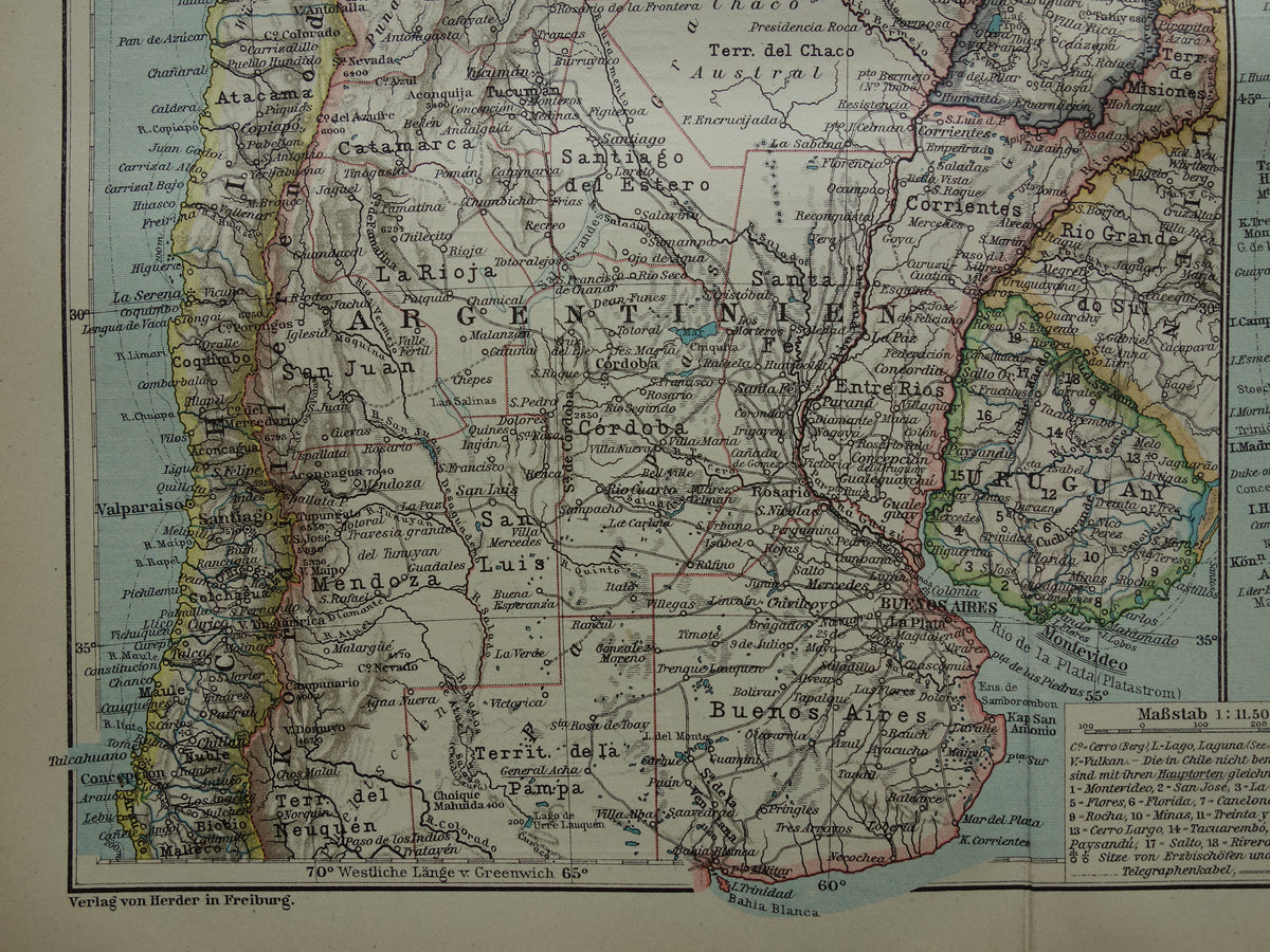 Argentina and Chile old map from 1921 original antique German map