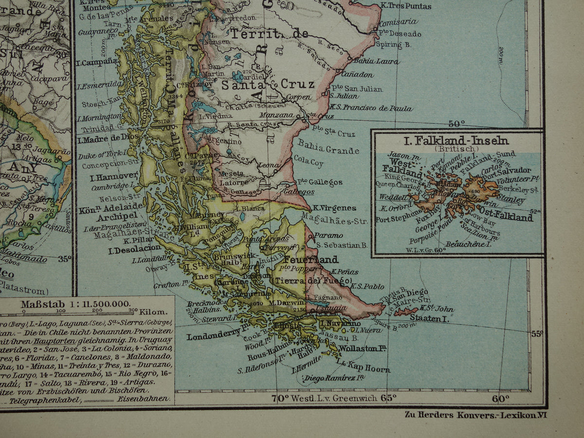 Argentina and Chile old map from 1921 original antique German map