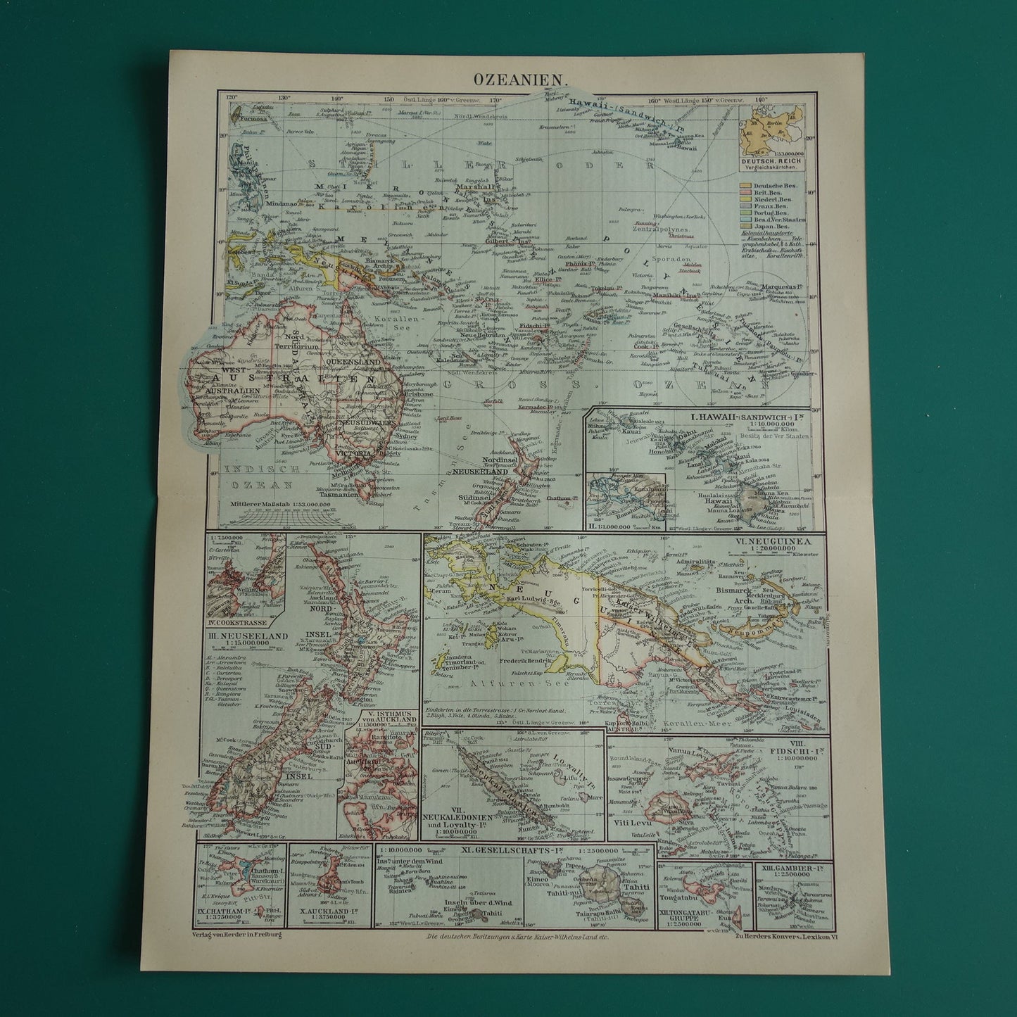 Oceania old map from 1921 original antique German map continent