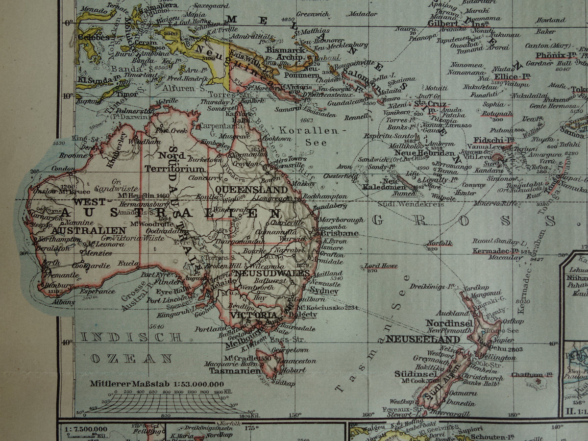 Oceanië oude kaart uit 1921 originele antieke Duitse landkaart continent