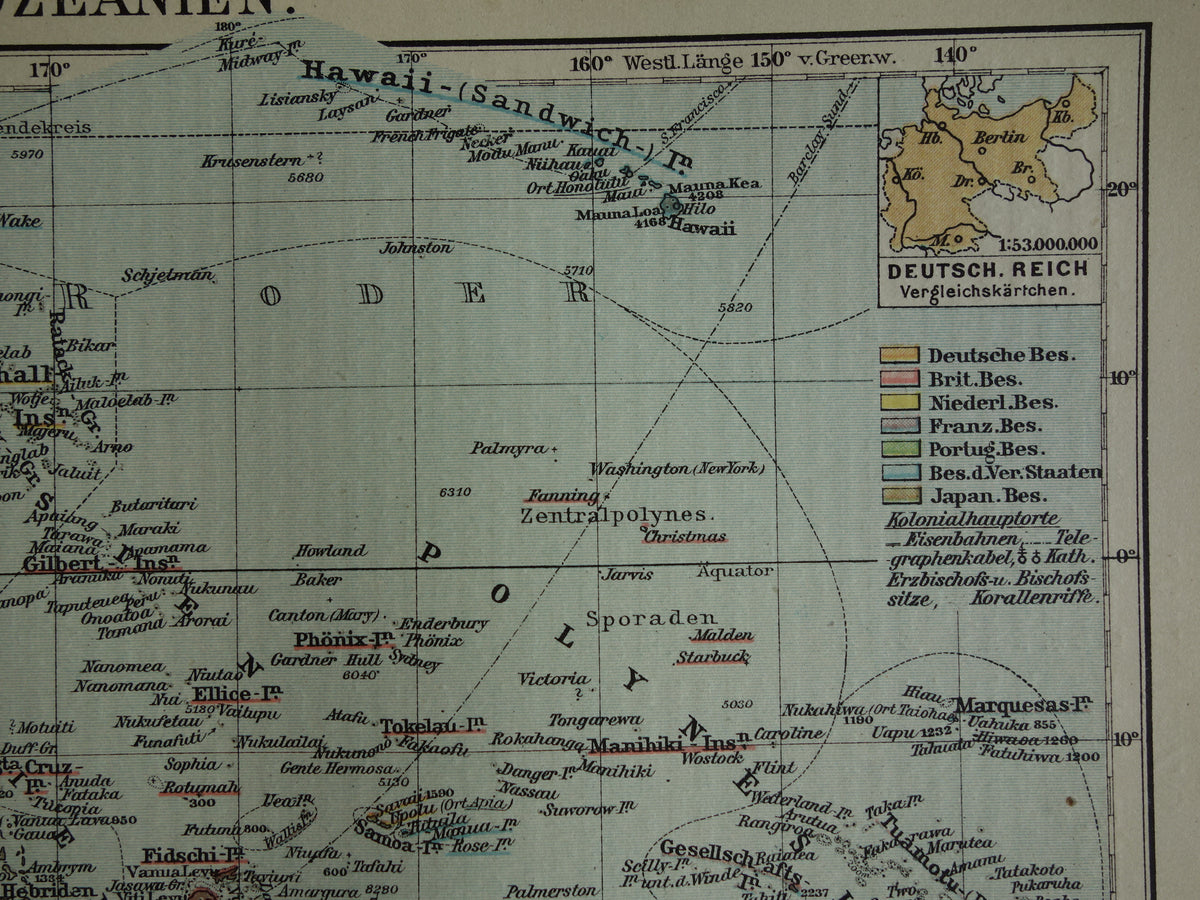 Oceanië oude kaart uit 1921 originele antieke Duitse landkaart continent