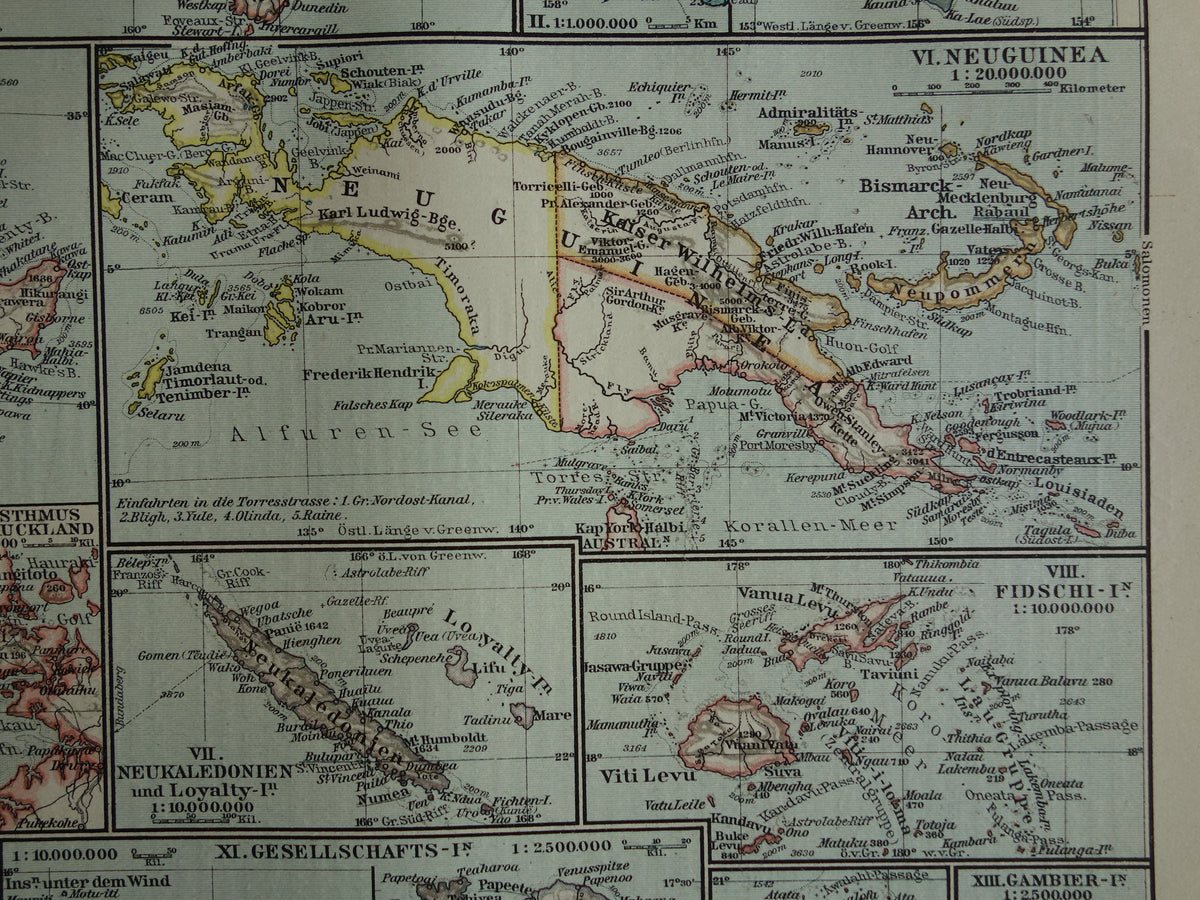 Oceanië oude kaart uit 1921 originele antieke Duitse landkaart continent