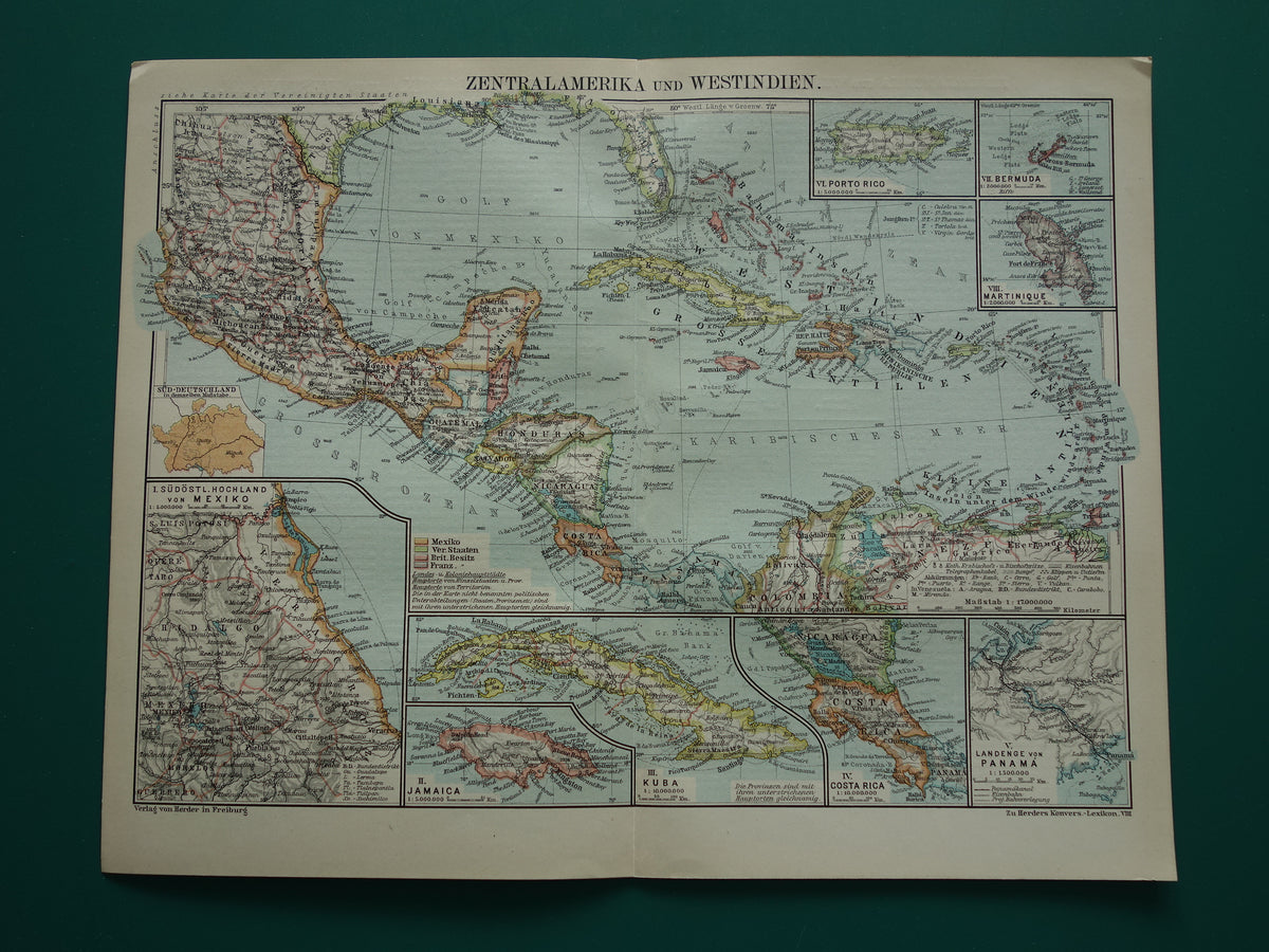 Caraïben Oude landkaart van Midden-Amerika uit 1921 originele vintage kaart Panama Antillen Caribisch / Caraïbisch gebied