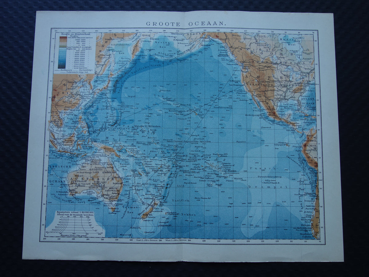 Oude kaart van de Grote Oceaan Originele 105+ jaar oude antieke Nederlandse landkaart Pacific