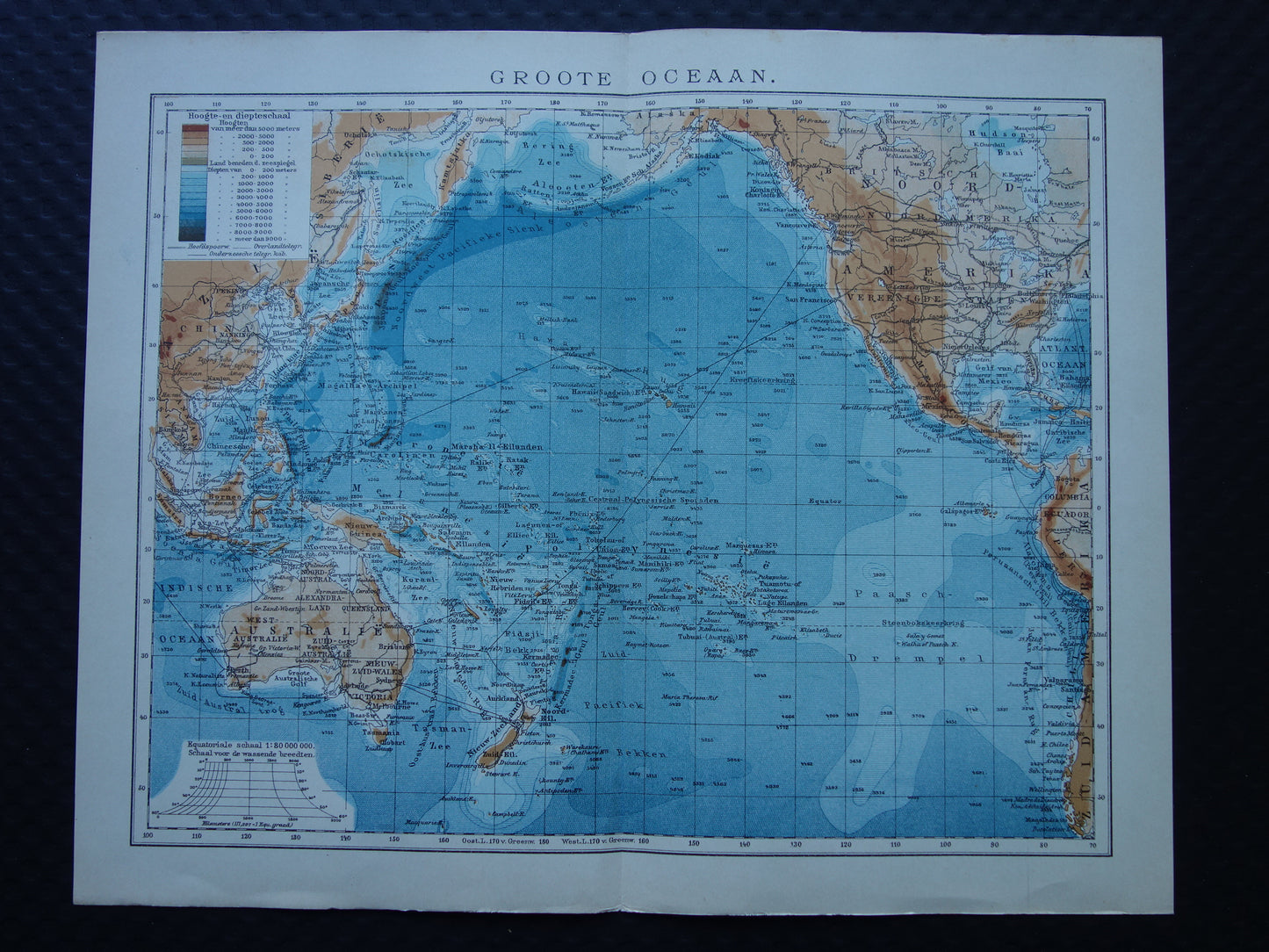 Old map of the Pacific Ocean Original 105+ year old antique Dutch map of the Pacific